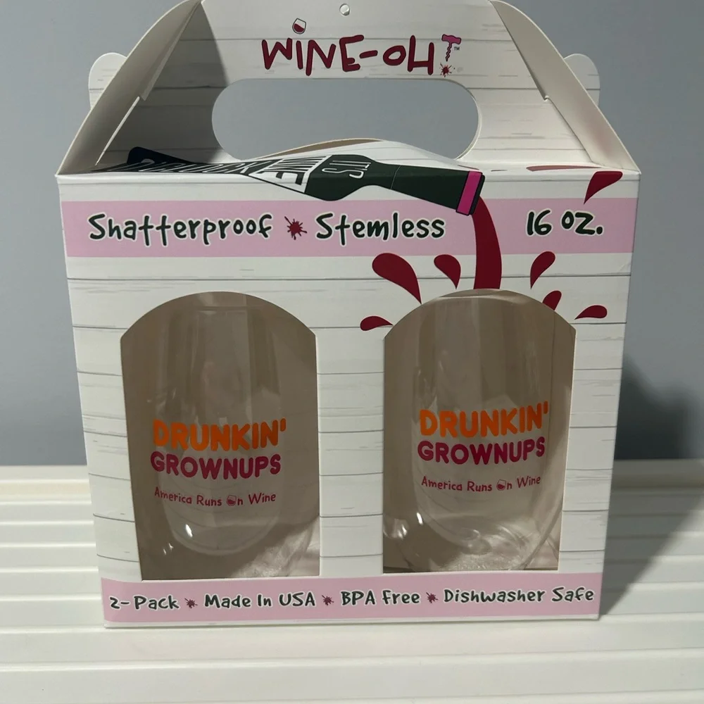 Drunkin’ Grownups Shatterproof Stemless Plastic Wine Glasses